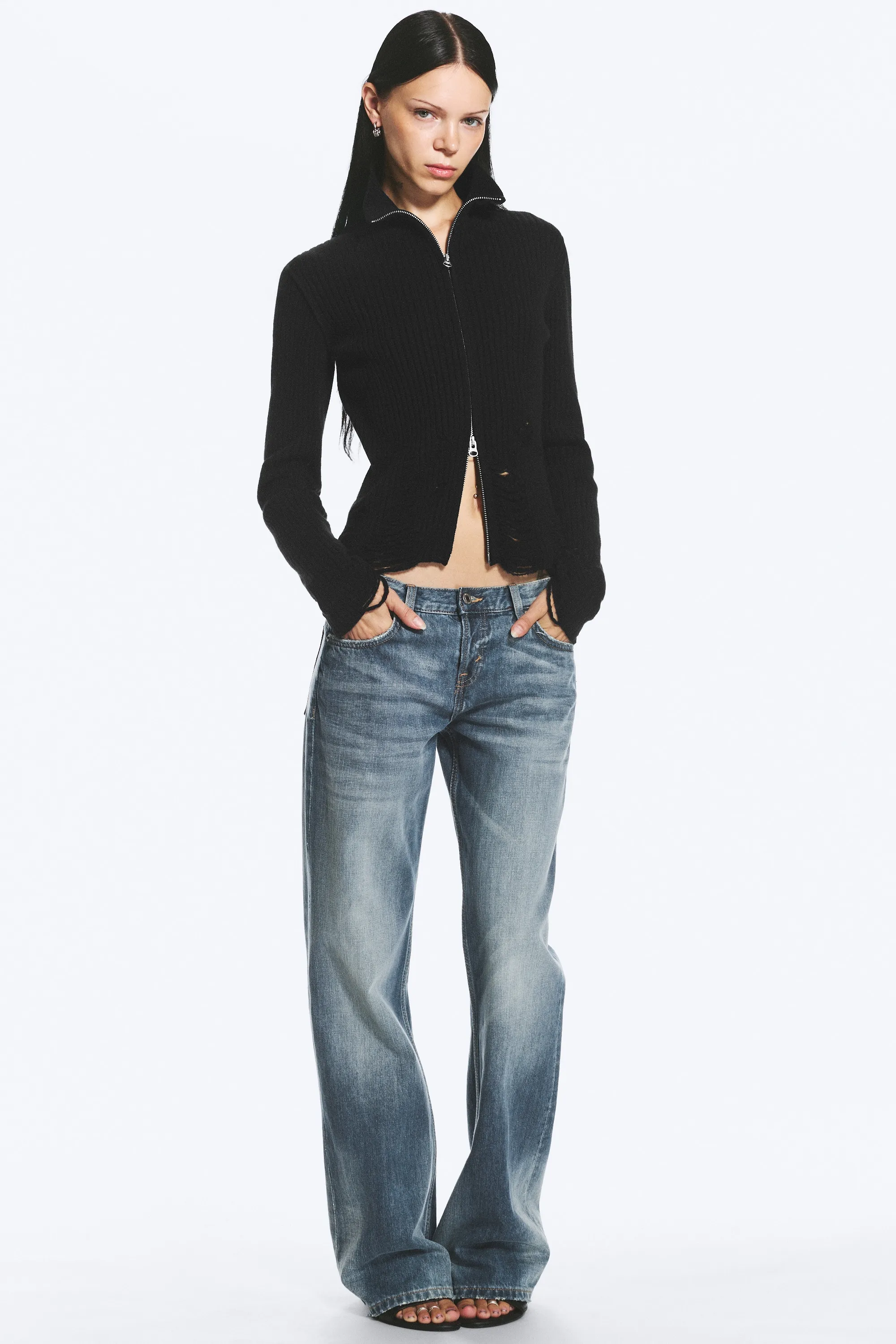 Cardigan effet usé à fermeture éclair bidirectionnelle - Noir