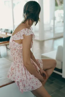 Robe à taille smockée - Rose clair/fleuri — photo 1