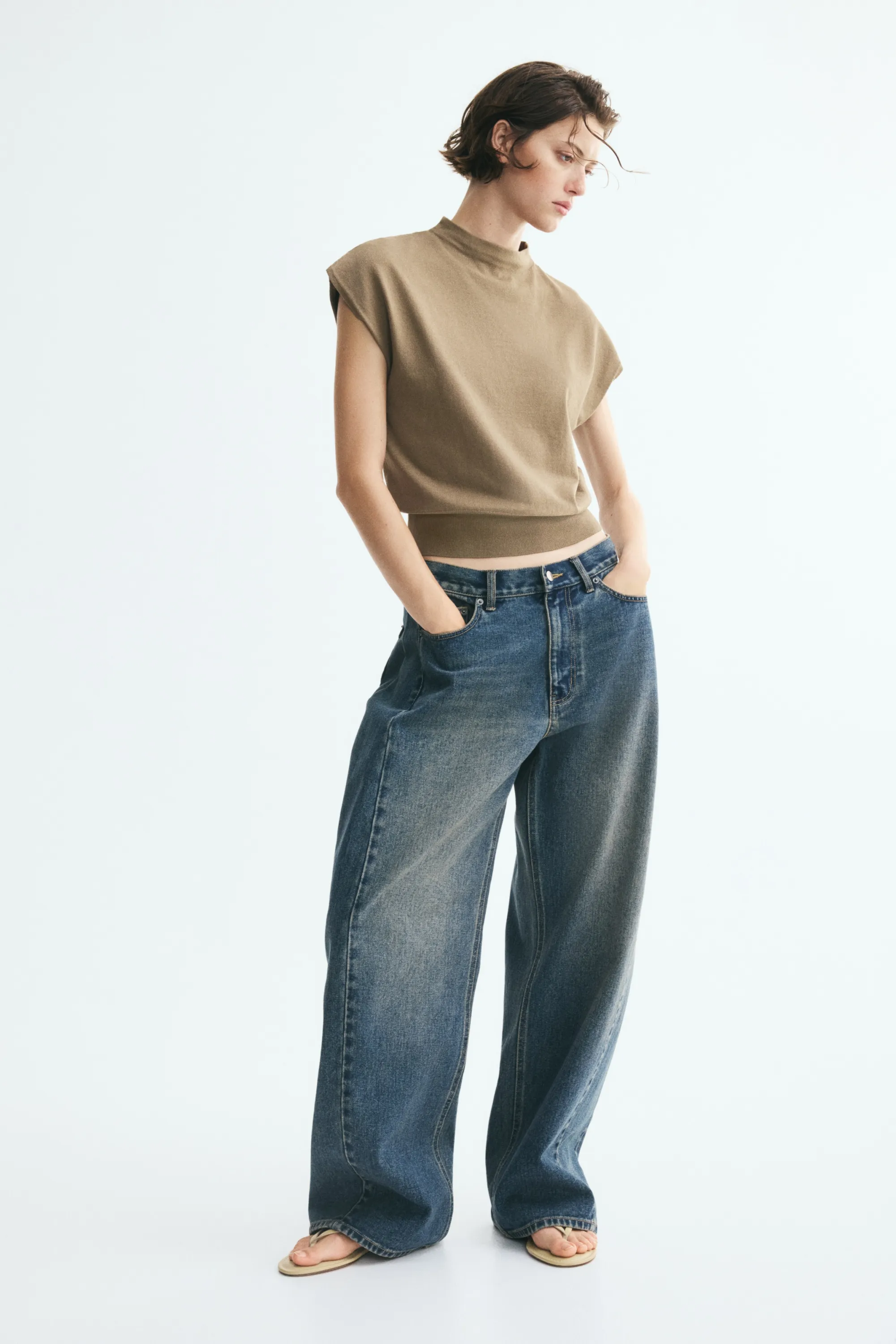 Top à mancherons en maille fine - Vert kaki clair