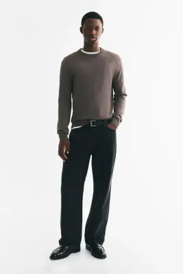Pull Regular Fit en maille fine - Taupe foncé — photo 1