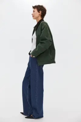 Oversized corduroy-collar jacket - Vert foncé — photo 4