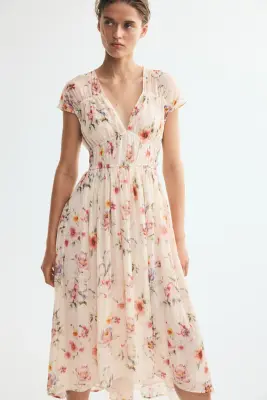 Robe froncée à mancherons - Beige clair/fleuri — photo 1