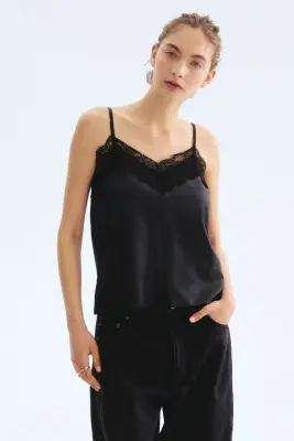 Top à bretelles fines avec dentelle - Noir — photo 2