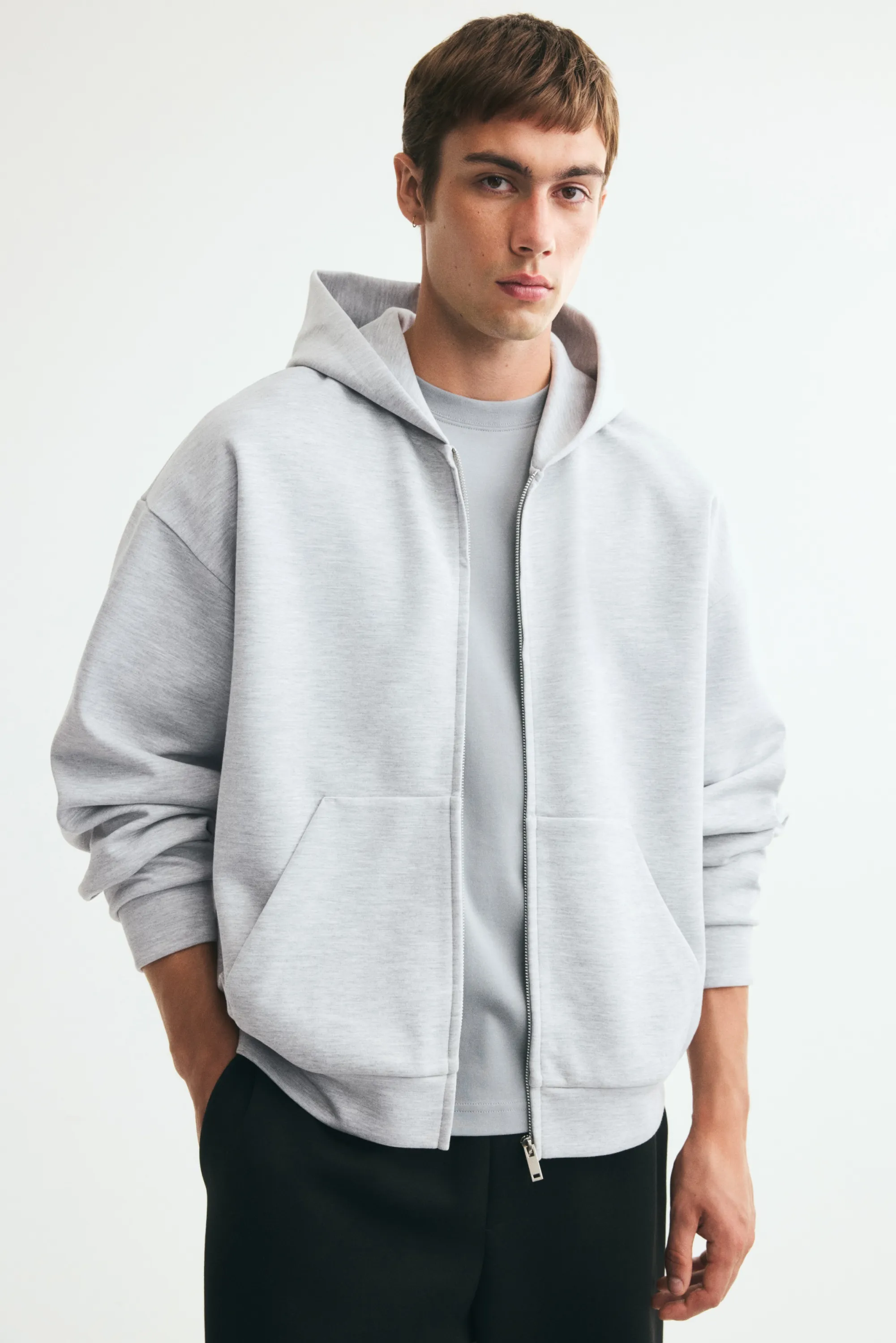Veste à capuche zippée Oversized Fit en interlock - Gris clair chiné