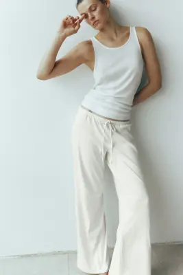 Pantalon en coton mélangé - Crème — photo 1