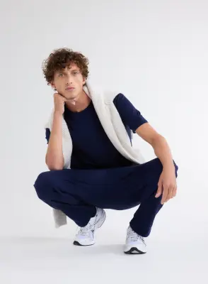 T-shirt Bleu Col Rond Manches Courtes en Coton Organique