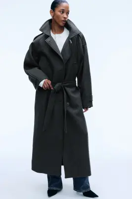 Manteau croisé ceinturé en mélange de laine - Gris foncé chiné — photo 2