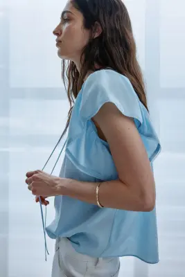 Blouse à manches volantées avec dentelle - Bleu clair — photo 2