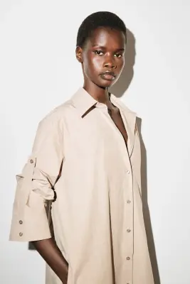 ROBE-CHEMISE MIDI EN COTON À MANCHES ÉVASÉES - SABLE — photo 4