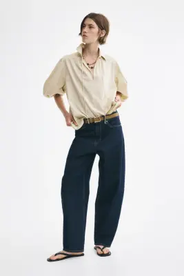 Blouse à manches bouffantes avec liens à nouer - Beige clair — photo 1