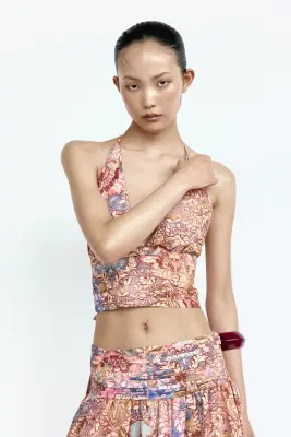Top dos nu avec taille ruchée - Orange clair/motif — photo 2