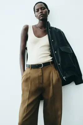 Pantalon chic en lin mélangé - Vert olive foncé — photo 1