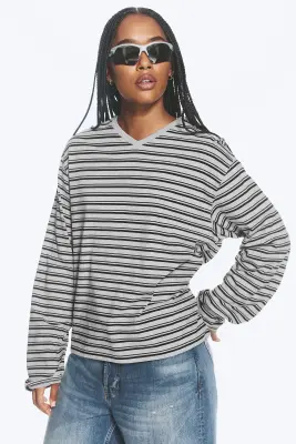 T-shirt carré col V manches longues - Gris mélangé/rayures noires — photo 2