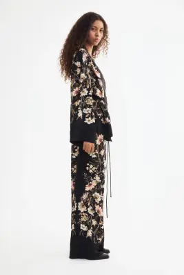 Pantalon en twill avec taille élastique - Noir/fleuri — photo 3