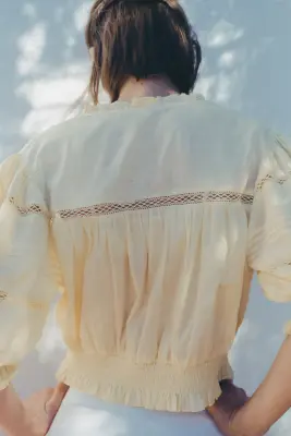 Blouse en coton avec plis nervure - Jaune clair — photo 3