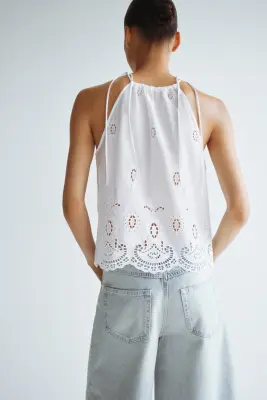 Broderie-anglaise tie-strap top - Blanc — photo 2