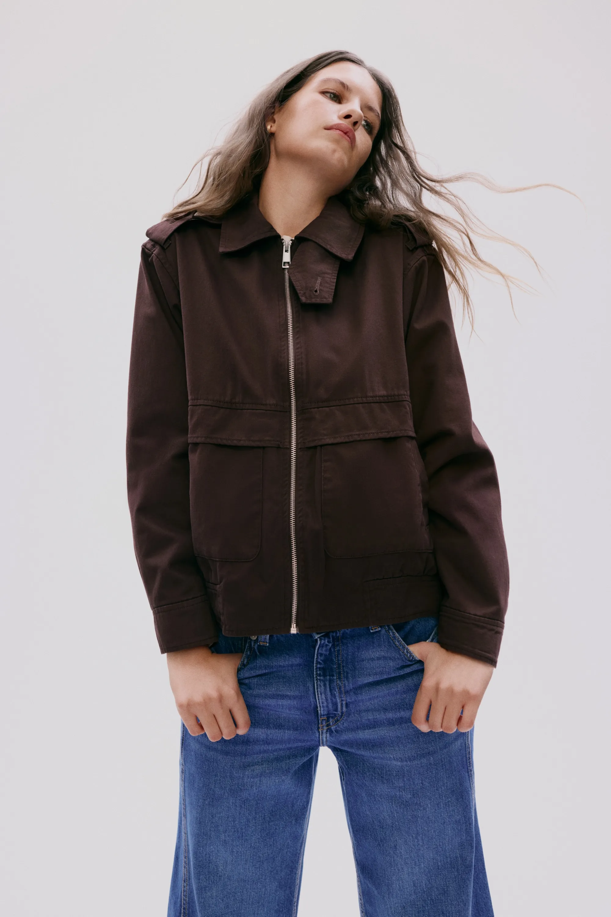 Veste en twill avec col - Marron foncé