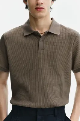 Polo Slim Fit en maille gaufrée - Taupe foncé — photo 2