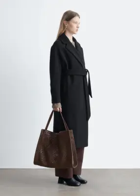 Manteau volumineux en laine avec ceinture - Noir — photo 4