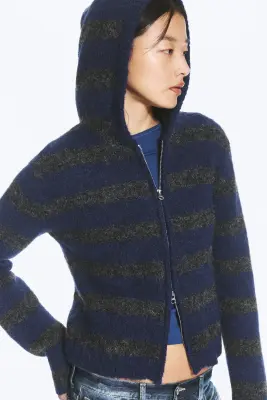 Sweat à capuche zippé en mélange de laine - Rayures bleues et grises — photo 3
