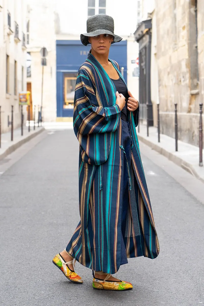 Kimono Rayures d'Azur en Chirimen