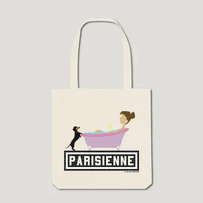 TOTE BAG IMPRIMÉ - PARISIENNE TECKEL / BAIN - ÉCRU