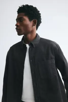 Chemise Regular Fit en velours côtelé - Gris denim foncé — photo 4