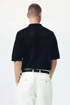 Polo Relaxed fit en maille ajourée - Noir — photo 3