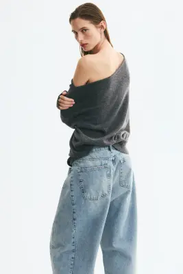 Pull asymétrique en maille fine - Gris foncé chiné — photo 3