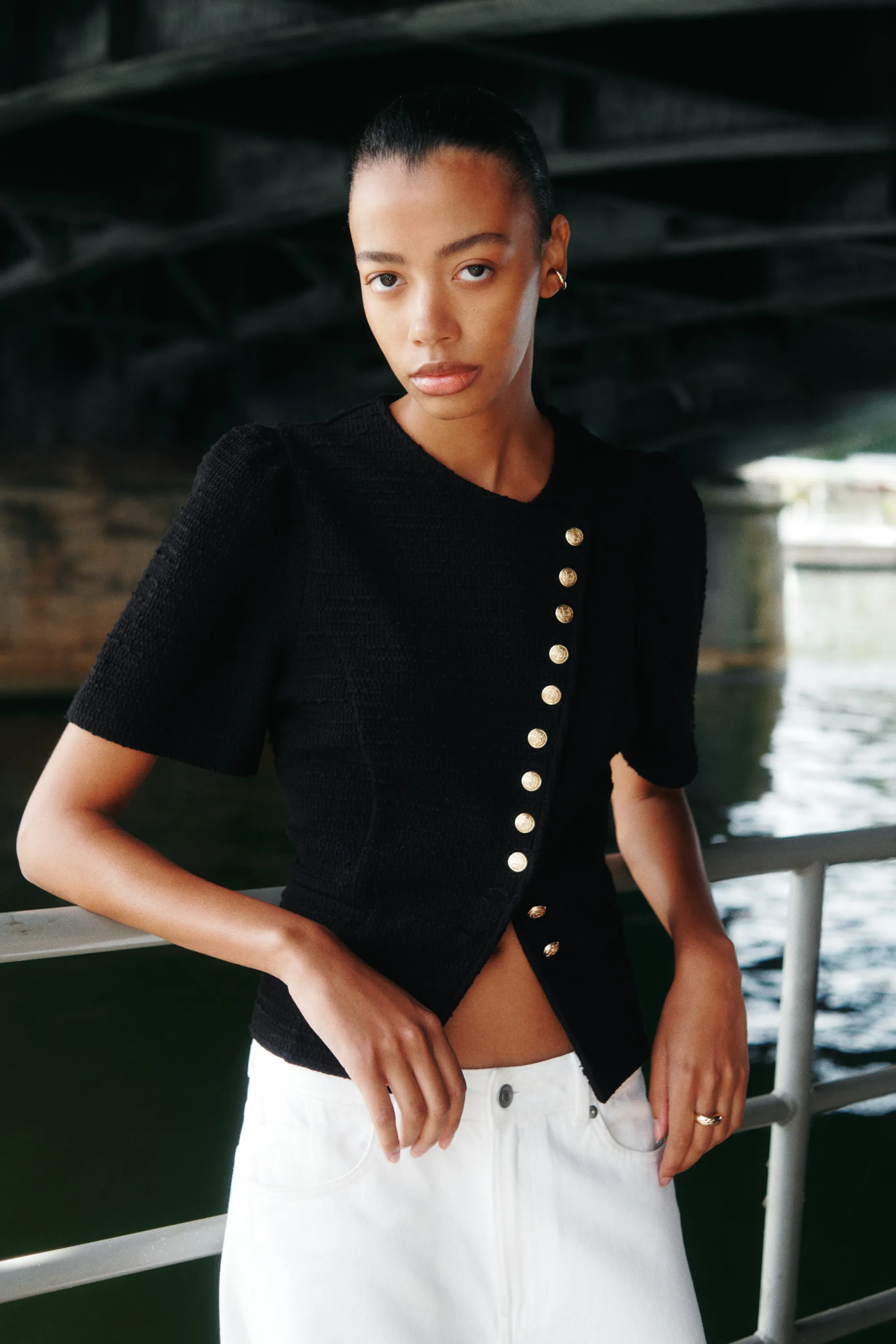 Top en maille avec manches bouffantes - Noir