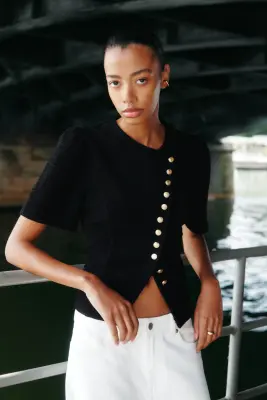 Top en maille avec manches bouffantes - Noir — photo 1