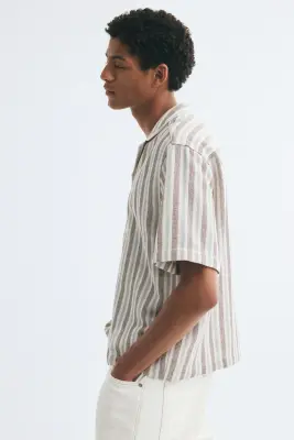 Chemise Regular Fit en coton avec col cubain - Bleu clair/rayé — photo 4