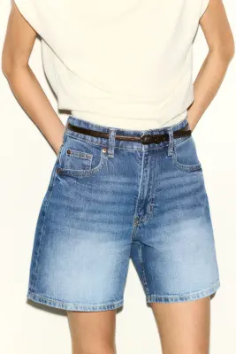 Short taille haute en denim - Bleu denim — photo 1