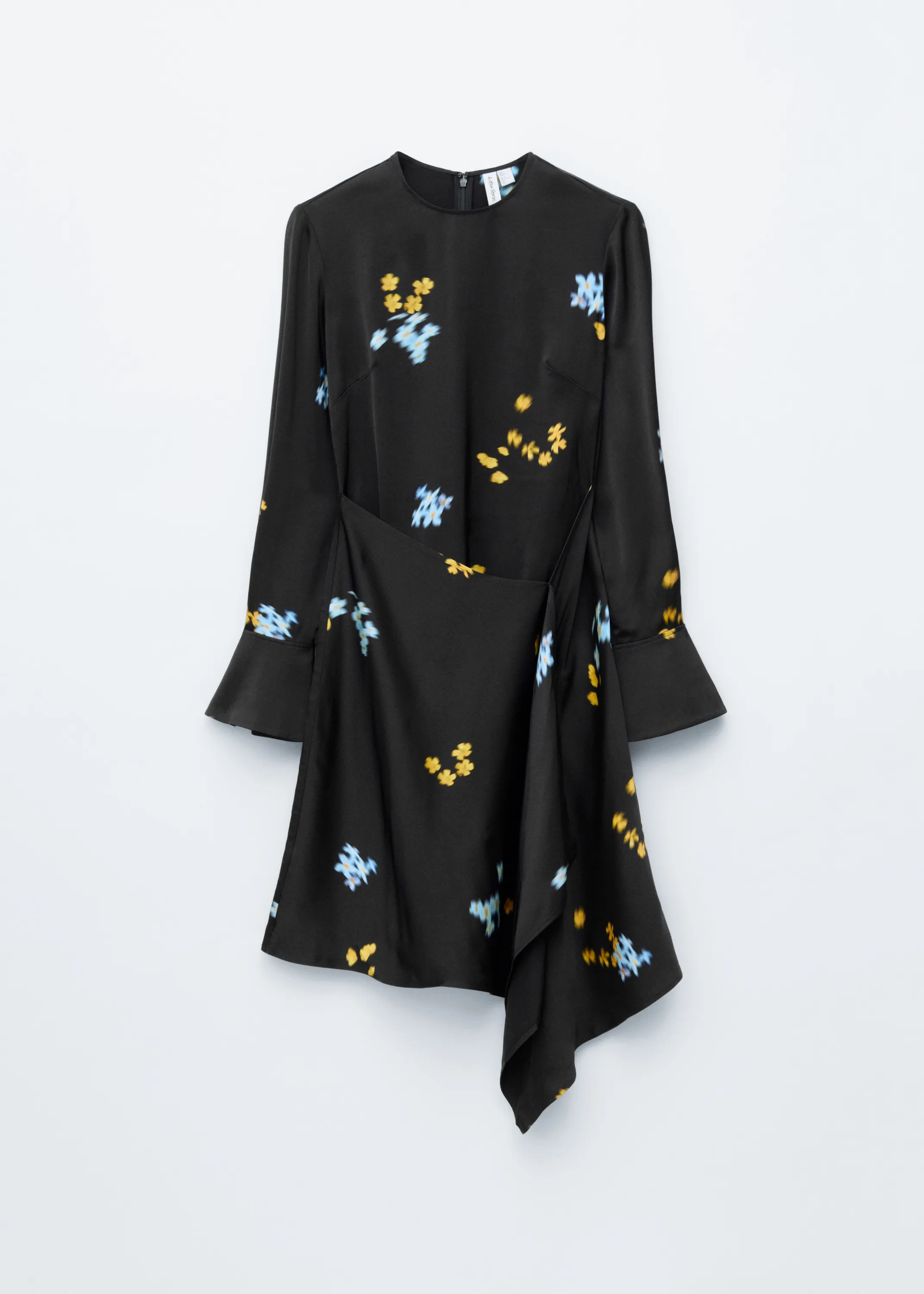Robe courte asymétrique à manches longues - Noir à motif fleuri