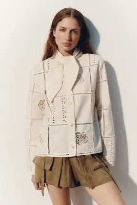 Veste avec broderie anglaise avec col cravate - Crème — photo 1