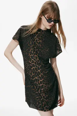 Robe à effet drapé avec col cheminée - Marron/imprimé léopard — photo 3