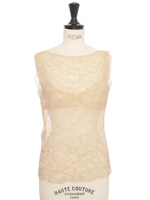 Top sans manche en dentelle de calais beige nude Spring 2005 Prix boutique 8500€ Taille 36