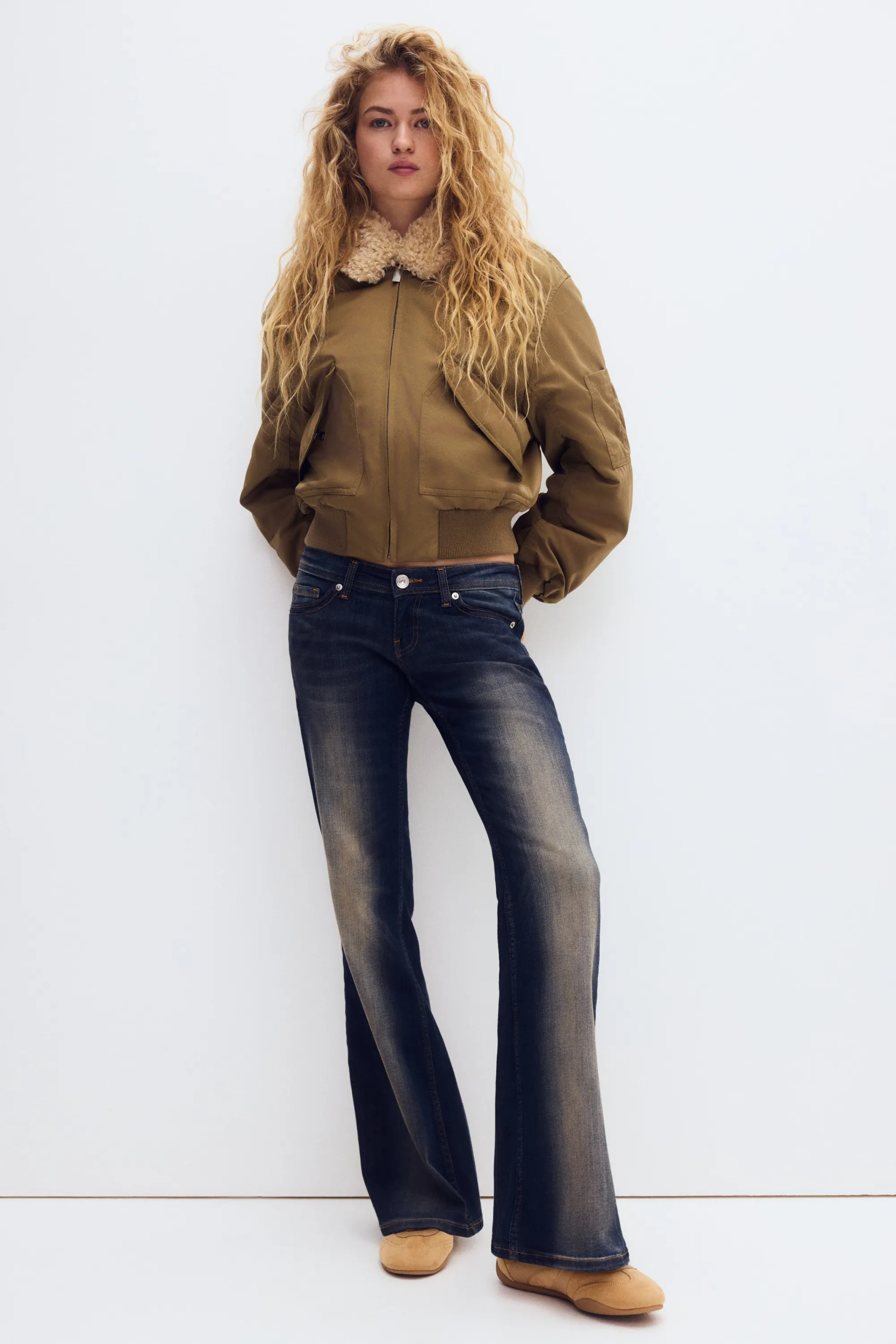 Flared Leg Ultra Low Waist Jeans - Bleu denim foncé