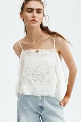 Top à bretelles fines avec broderie anglaise - Blanc — photo 2