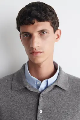 PULL EN CACHEMIRE À COL POLO - GRIS CHINÉ — photo 2