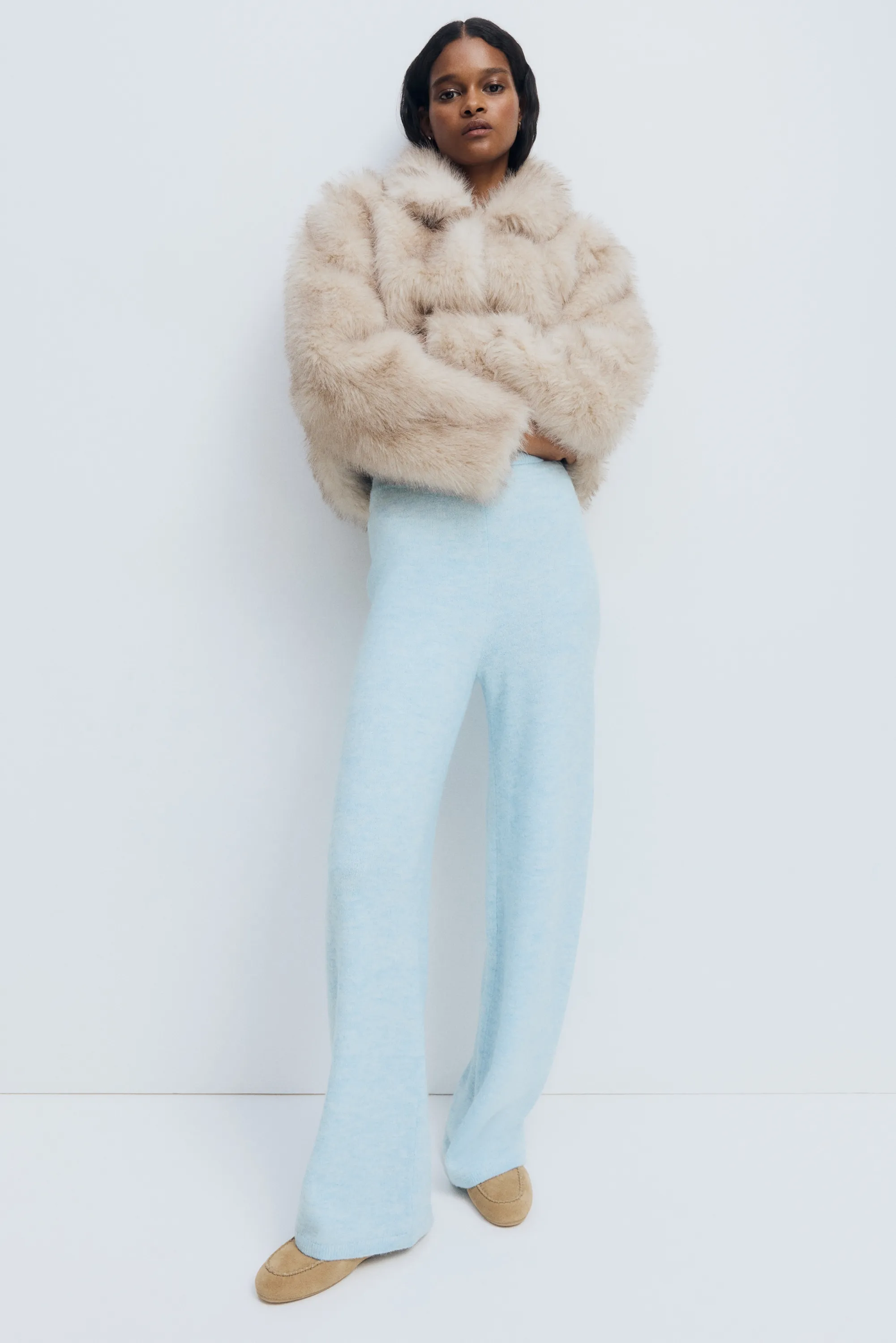 Pantalon en maille avec taille élastique - Bleu clair chiné