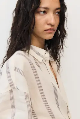 Chemise oversize en lin - Beige clair/rayé — photo 2