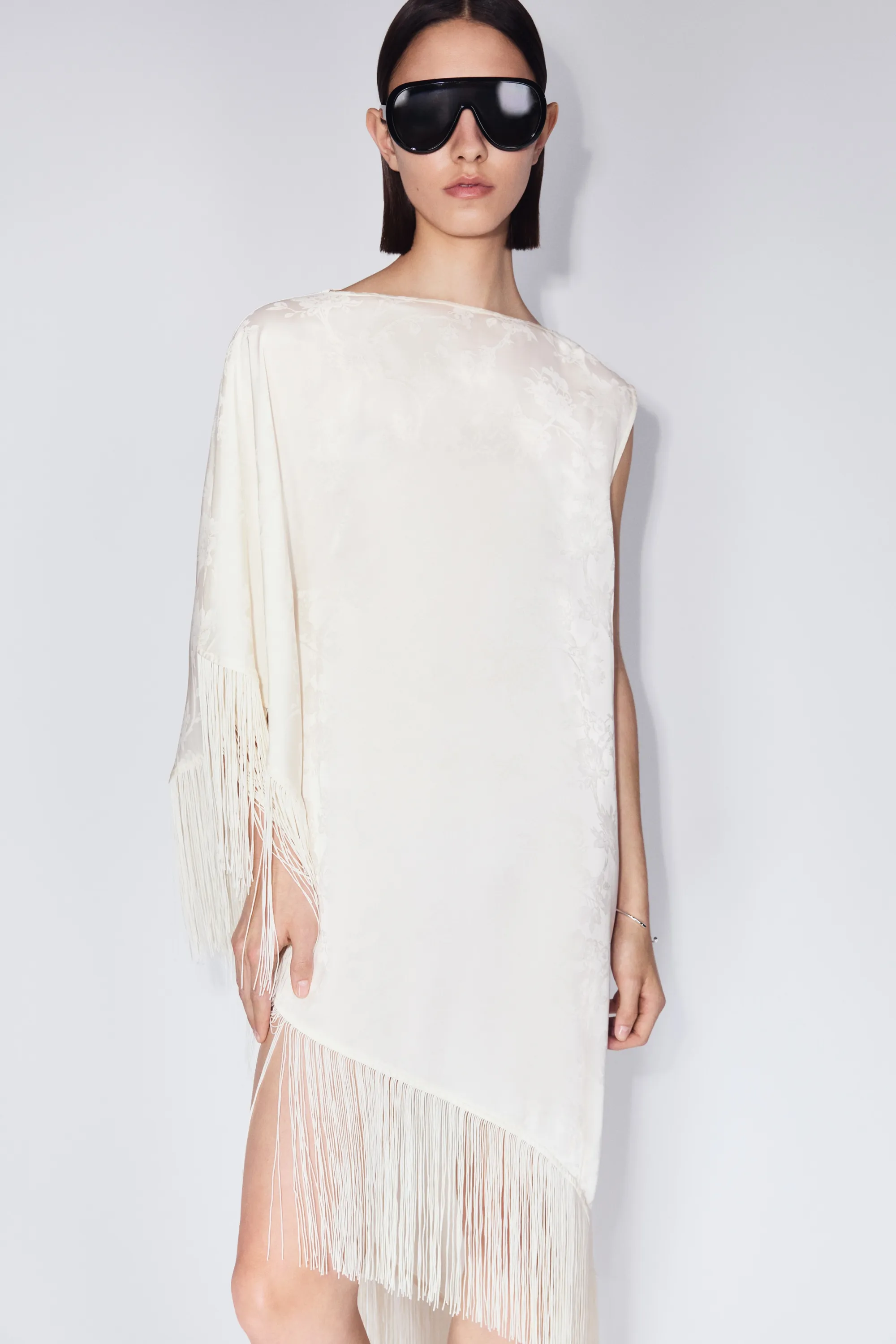 Robe caftan asymétrique avec franges - Crème