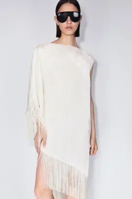 Robe caftan asymétrique avec franges - Crème — photo 1