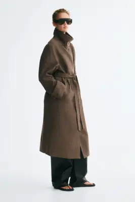 Manteau à col entonnoir avec ceinture à nouer - Taupe foncé — photo 2