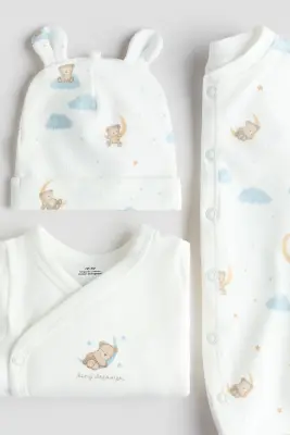 Ensemble 3 pièces en coton - Blanc/nounours — photo 1