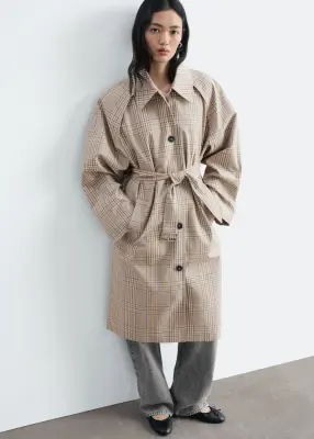 Trench-coat à carreaux avec ceinture à boucle - Beige/carreaux — photo 1