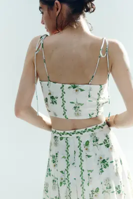 Crop top plissé en lin mélangé - Ivoire/fleuri — photo 4