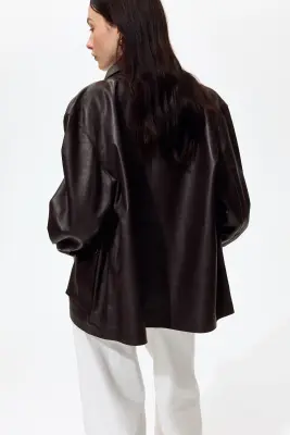 Veste en cuir - Marron foncé — photo 4