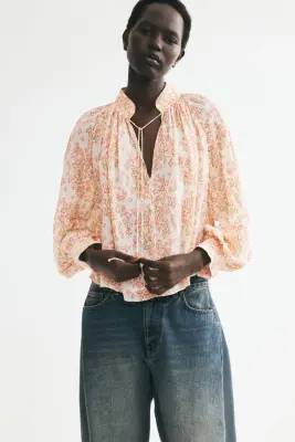 Blouse en viscose à manches ballon - Orange ancien clair/fleuri — photo 2